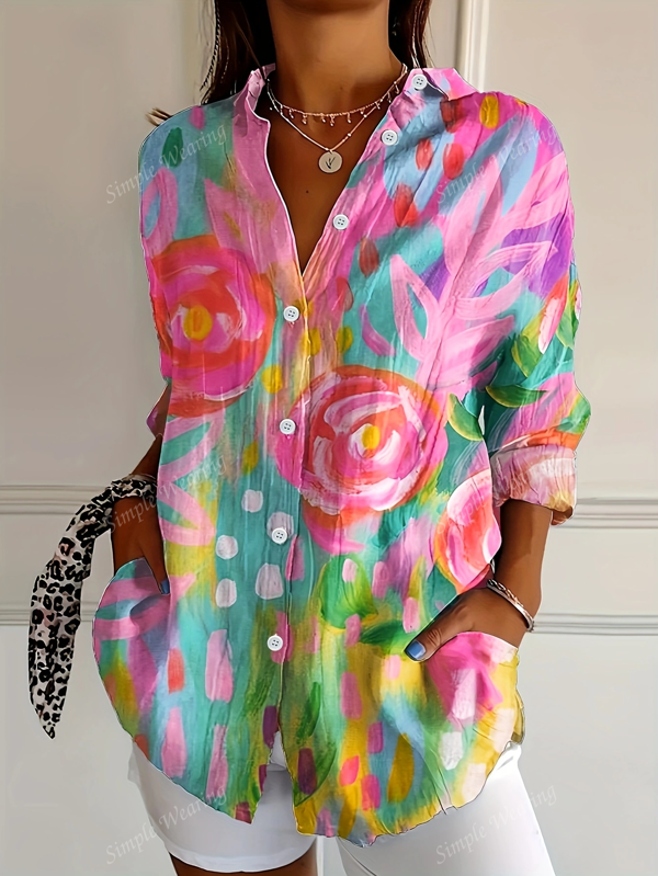 2025 New Vintage Floral Print Minimalist Shirt, Casual Resort Style Button-Down Long Sleeve Blouse For Women, Spring/Summer