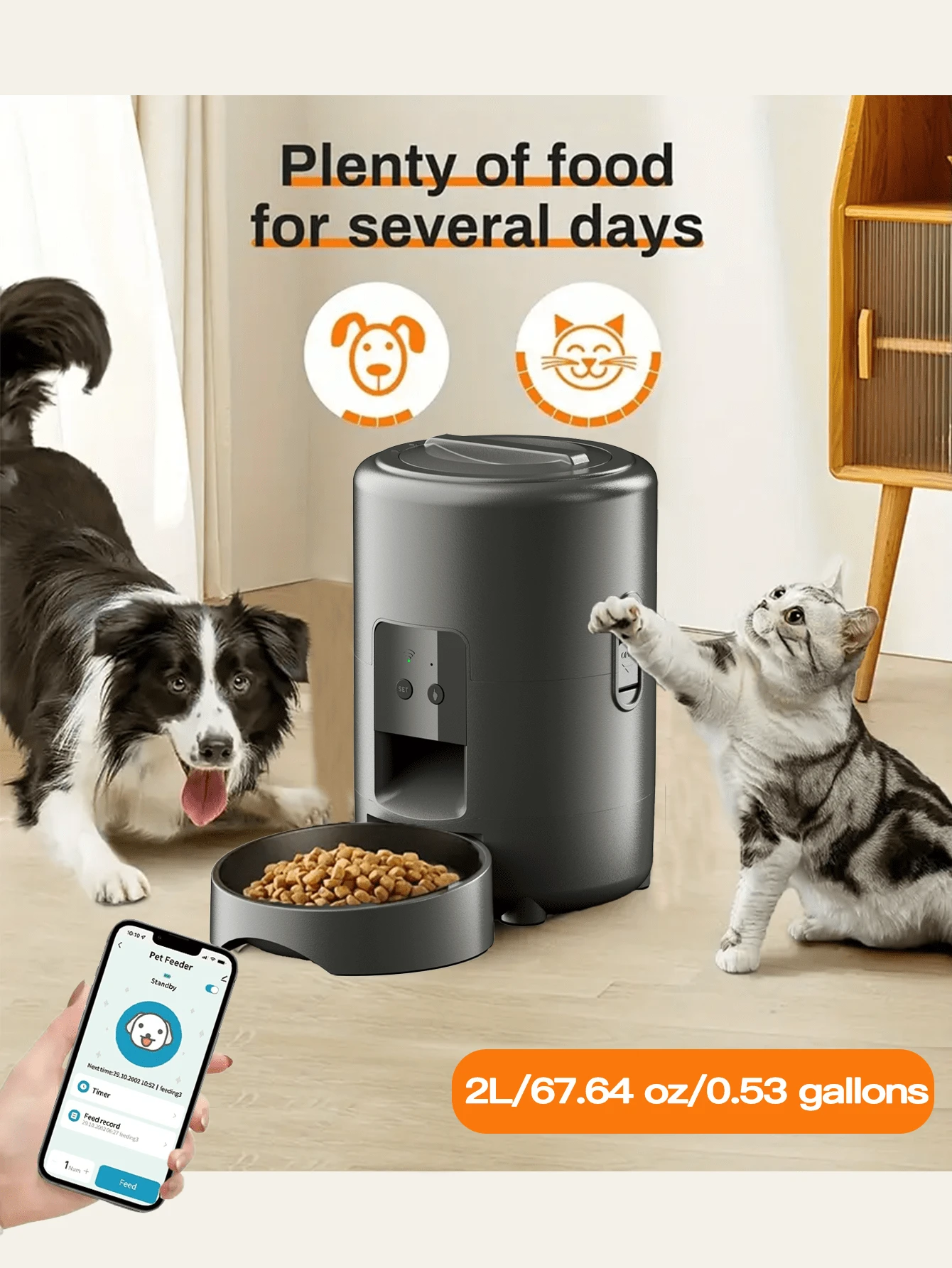 2L/67.64oz Automatic Cat Feeder, Smart Pet Feeder, Dual Frequency 2.4G WiFi Automatic Dog Feeder, Circular Automatic Pet Food Dispenser With App Control, USB Powered (Adapter Not Included), Mini Remote Control Cat Dog Food Dispenser For Daily Scheduled Feeding