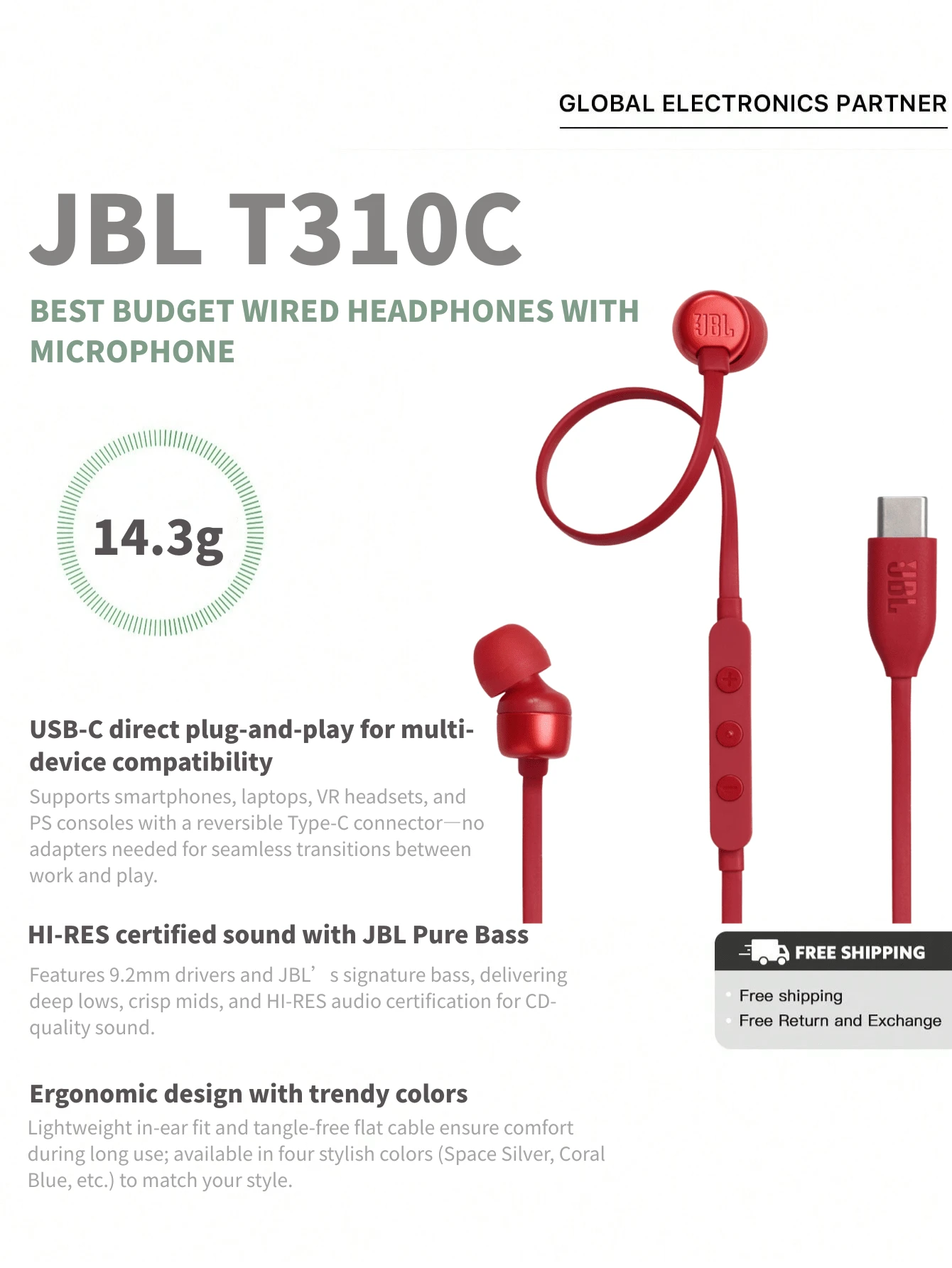 JBL TUNE310C Wired Headphones Type-C Interface Stereo In-Ear Headphones Computer Headphones Suitable For USB-C Interface Mobile Phone Red - Red - View 1