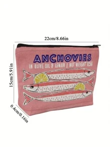 Retro Sardines Cosmetic Pouch,Olive Oil And Lemon Design, Unisex Adult Polyester Mini Makeup Bag, Hypoallergenic Zippered Toiletry Case, Pink Zippered Cosmetic Bag, Multifunctional Snack, Stationery Or Gift, Tin Fish Print Accessory Clutch, Cosmetic Pouch For Girls Women, Makeup Bag, Toiletry Bag For Travel, School, And Commuting,Unisex Adult Portable Storage Bag