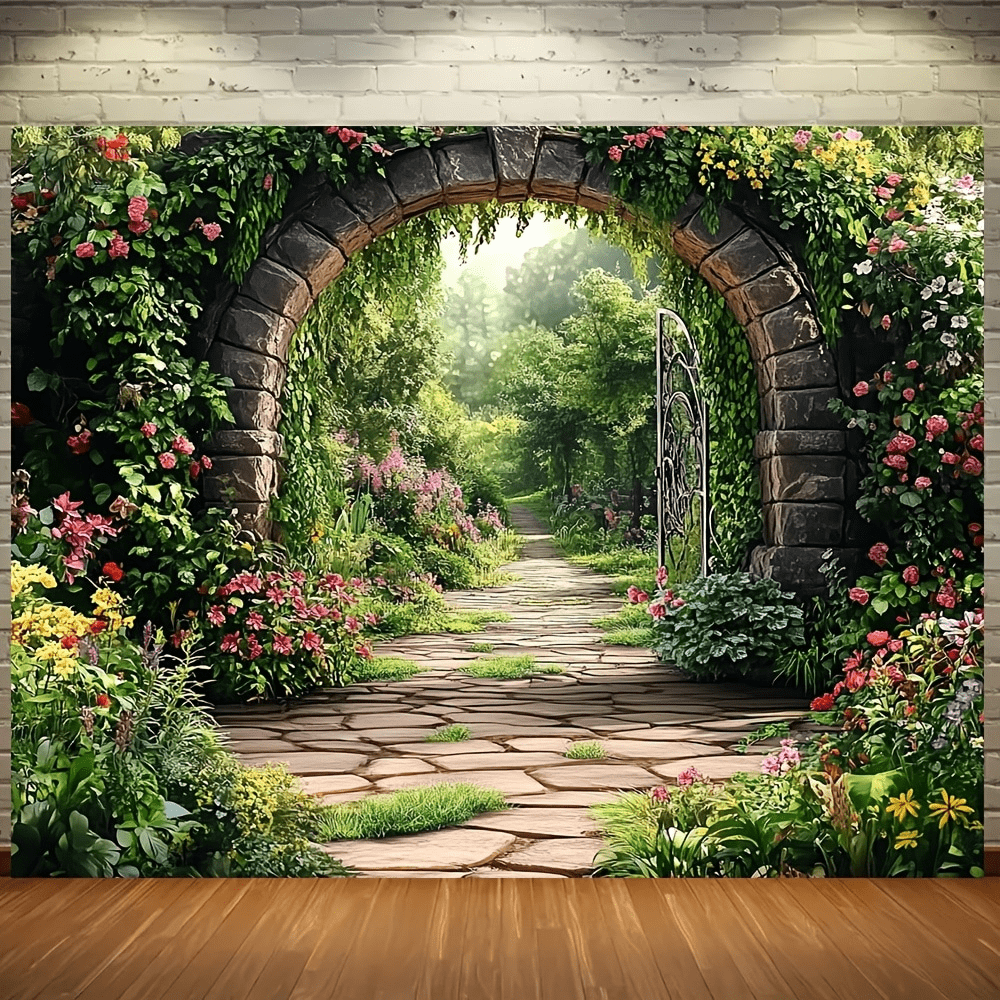 1 stuk 2D bannerachtergrond, lentetuinbrug met scène van bloeiende bloemen, polyester achtergrond - weelderig groen, levendige bloemen, geen stroom nodig, eenvoudig op te hangen - geweldig voor studio-opnamen en evenementendecoratie