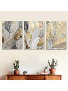 Conjunto de 3 lienzos y pósteres listos para colgar, decoración de hojas botánicas doradas de lujo ligero para el hogar, arte de pared, decoración de habitaciones, murales, impresión HD, regalos festivos, sala de estar, dormitorio, comedor, decoración de oficina