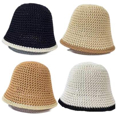 1 件镂空草编 [Aper 拼色双色渔夫帽春夏透气巴拿马海滩帽遮阳渔夫帽