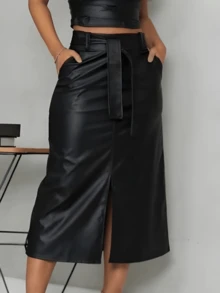 Midi Skirt In Leatherette With Front Slit, Black Pocket, Knee-Length Skirt - Black - View 2