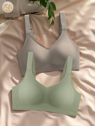 2pcs Set Simple & Comfortable Wireless Sports Bras For Women, Solid Color Sag Proof Brassiere