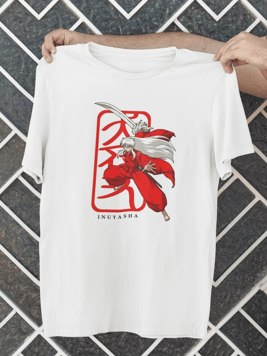 Camiseta Inuyasha – diseño clásico con espada y kanji rojo - Blanco - Ver 1