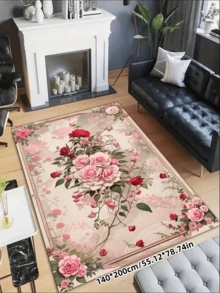 1 pieza Alfombra de piso bohemia vintage de lujo con flores rosas, antideslizante y lavable a máquina, perfecta para sala de estar, dormitorio, pasillo - Diseño elegante de patio con flores vibrantes y patrones barrocos, alfombra de piso para interiores|Alfombra de piso con patrón floral|Respaldo antideslizante, alfombra para sala de estar - Rosa vieja - Ver 3