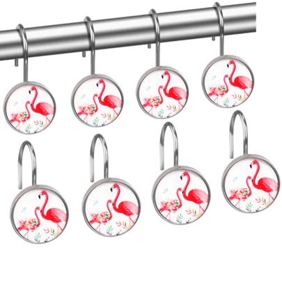 12pcs Tropical Crystal Glass Pink Flamingo Decorative Shower Curtain Hooks, Bathroom Accessories, Home Decor Curtain Rings