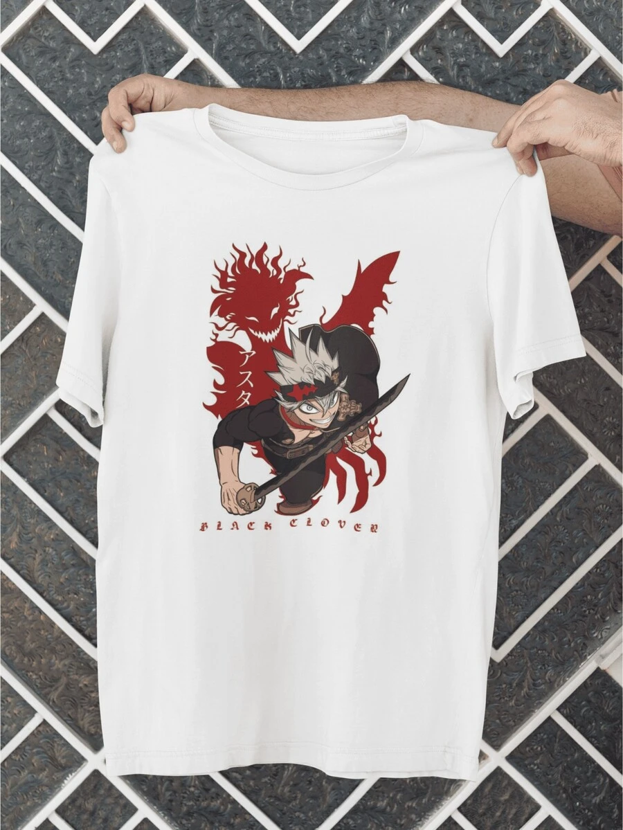 Camiseta Asta demonio – diseño Black Clover con espada y silueta roja - Blanco - Ver 1