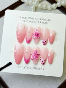 10Pcs Handmade Acrylic Press On Nails Flakes Almond Shape Pure Handcrafted Super Beautiful High-Grade Gentle Multi-Color French Smudging Hand Pinch Three-Dimensional Flowers Hand-Painted Shell Pattern Flower Drop Water Ripple With Small Gold Beads Wearing Nail Suitable For Girls And Women Nail Supplies Nails