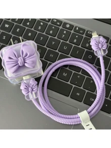 可愛紫色蝴蝶結裝飾數據線保護套，相容 Apple 18/20W 充電器，數據線保護繩，防損保護套，充電器保護套 - 紫色 - 查看 3