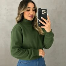 Women's Cropped Sweatshirt With Foldable Turtleneck And Flannel Cold Weather Blouse