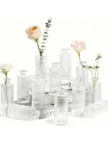 6/12 Stücke elegante Glasvasen - Mini quadratische Vasen mit gestreiftem Design, geeignet für Tischmittelpunkt Dekoration, hervorragend für Heim, Büro, Hochzeit und Party, Blumenvase - Verschiedenfarbig - Übersicht 1