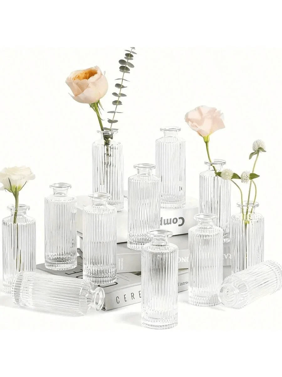 6/12 Stücke elegante Glasvasen - Mini quadratische Vasen mit gestreiftem Design, geeignet für Tischmittelpunkt Dekoration, hervorragend für Heim, Büro, Hochzeit und Party, Blumenvase - Verschiedenfarbig - Übersicht 1