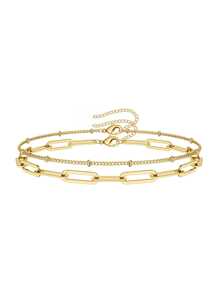 Pulseira de corrente dupla de aço inoxidável banhada a ouro 18K, 2 peças, conjunto de pulseiras minimalistas com contas vazadas, acessório versátil adequado para meninas e mulheres (quantidade de contas aleatória)