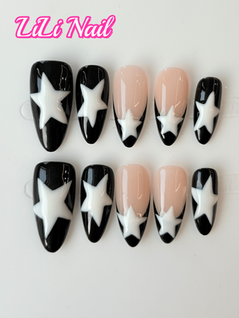 10 Pcs Handmade Press-On Wearable Nails, Wearable Nail Art, Almond Shaped Nails, Black Tips, Black Nails, Contrast Color Nails, Medium-Long Nails, Star Nails, French Design, Gradient Nails Simple Nail Art, Office Nail Art, Cool Sweet Cartoon Nail Supplies Nails