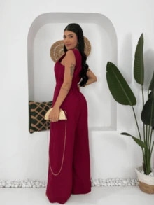 V-Neck, Thin-Strap, Wide-Leg Jumpsuit With Tailored Belt - Màu Đỏ Sâu - Xem 2