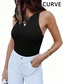 Plus Women's Round Neck Sleeveless Solid Color Bodysuit - Black - View 3