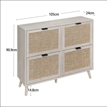 Shoe Cabinet With Four Doors (105 X 24 X 91 Cm), Retro Brown Shoe Cabinet With Four Doors, Rattan Look, Double Shelf, With Back Panel, Suitable For Hallways And Similar Areas