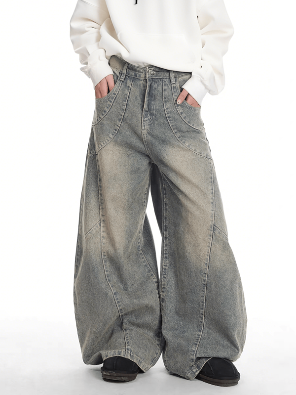 1pc Men Justice Brother-Style Casual Patchwork Flared Jeans, Distressed Wash, Loose Fit Street Fashion Baggy Pants