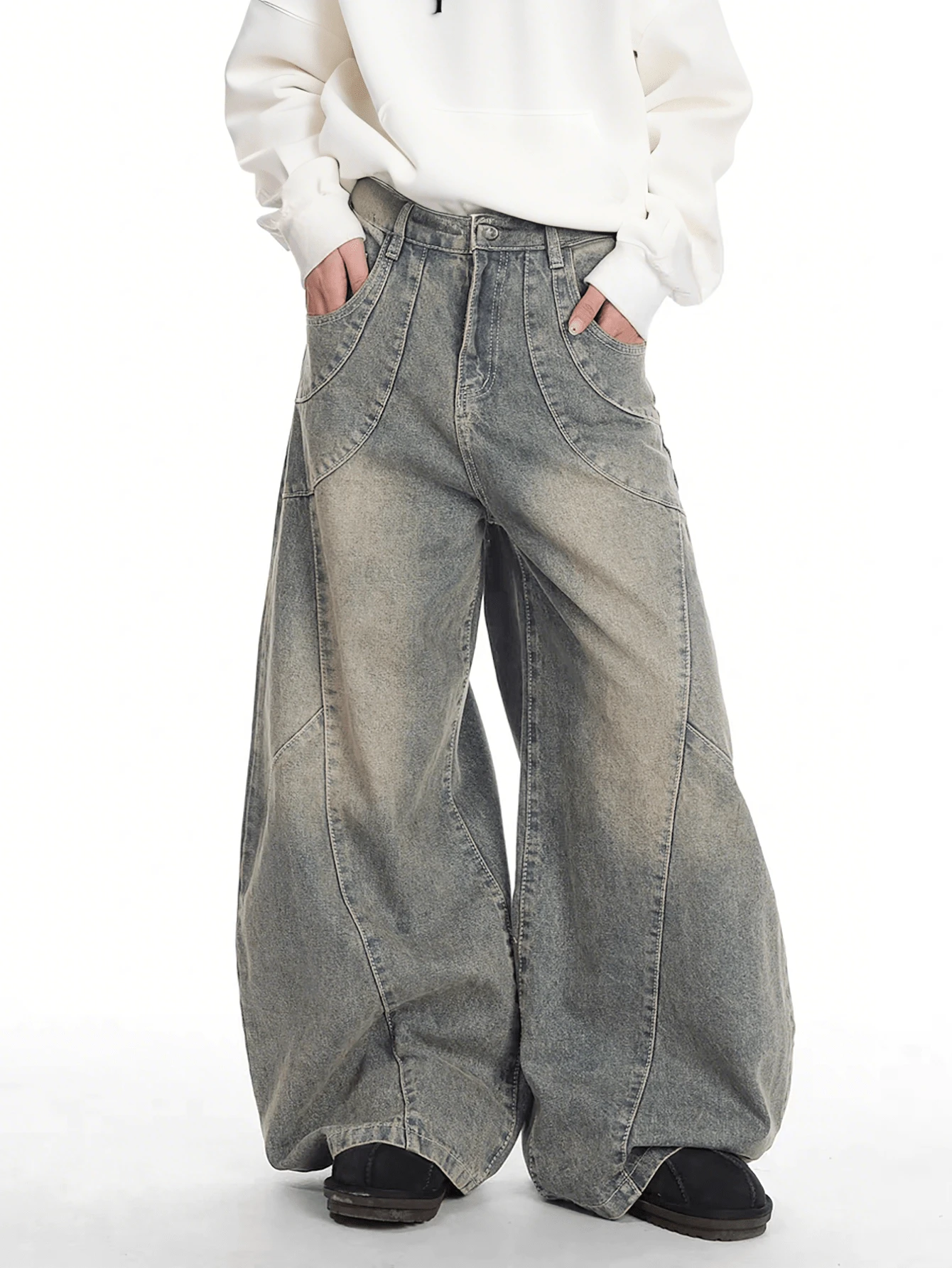 1件装男士Justice Brother风格休闲拼接直筒牛仔裤，做旧水洗，宽松版型街头风阔腿裤