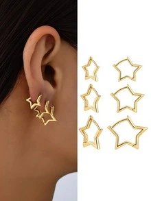 6pcs/Set High Quality Copper Metal Pentagram Hoop Earrings, Women Fashion Casual Sports Business Matching Pentagram Earrings Jewelry Set - 銀色-6件 - 查看 1