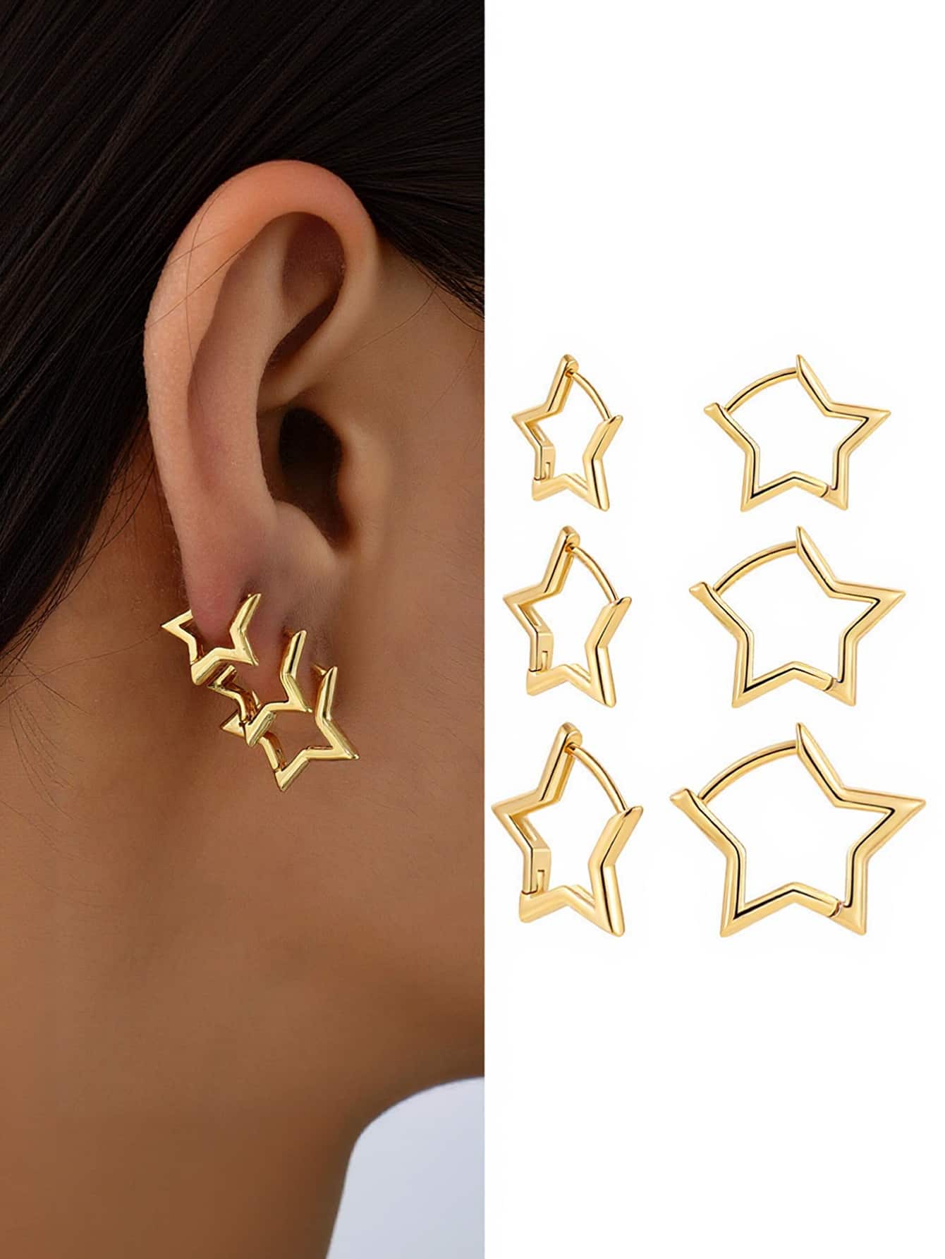 6pcs/Set High Quality Copper Metal Pentagram Hoop Earrings, Women Fashion Casual Sports Business Matching Pentagram Earrings Jewelry Set - 銀色-6件 - 查看 1