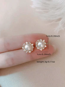 1 Pair Exclusive Design Rhinestone & Faux Pearl Stud Earrings, Elegant & Versatile For Wedding, Everyday Wear, Vacation