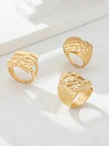 Exaggerated Luxurious Dollar Sign Heart Square Hammered Women's Ring Set - 3 Rings - View 5