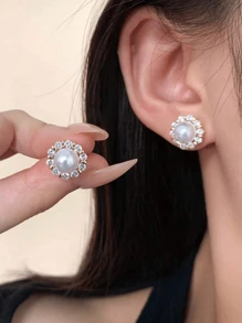 1 Pair Exclusive Design Rhinestone & Faux Pearl Stud Earrings, Elegant & Versatile For Wedding, Everyday Wear, Vacation