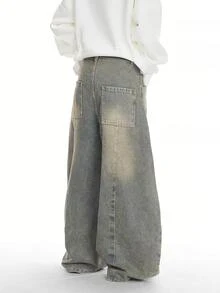 1件装男士Justice Brother风格休闲拼接直筒牛仔裤，做旧水洗，宽松版型街头风阔腿裤