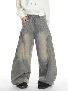 1件装男士Justice Brother风格休闲拼接直筒牛仔裤，做旧水洗，宽松版型街头风阔腿裤