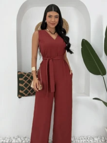 V-Neck, Thin-Strap, Wide-Leg Jumpsuit With Tailored Belt - 紅陶 - 查看 2