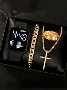 1 pièce Montre numérique carrée pour homme et 3 pièces Bracelet Collier Bague, le meilleur cadeau pour Halloween