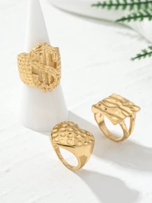 Exaggerated Luxurious Dollar Sign Heart Square Hammered Women's Ring Set - 3 Rings - View 2