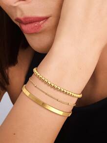 Pulseira de corrente dupla de aço inoxidável banhada a ouro 18K, 2 peças, conjunto de pulseiras minimalistas com contas vazadas, acessório versátil adequado para meninas e mulheres (quantidade de contas aleatória)