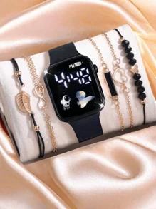 6 Pcs Cute Elegant Ladies Digital Watch Square Simple Digital Watch Best Bracelet Set Ladies Jewelry Set