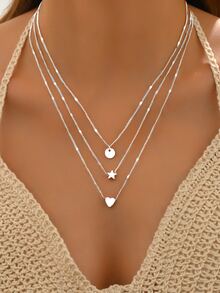 3件套简约百搭星形、心形和圆形吊坠项链，适合女士 - 白K - 查看 1