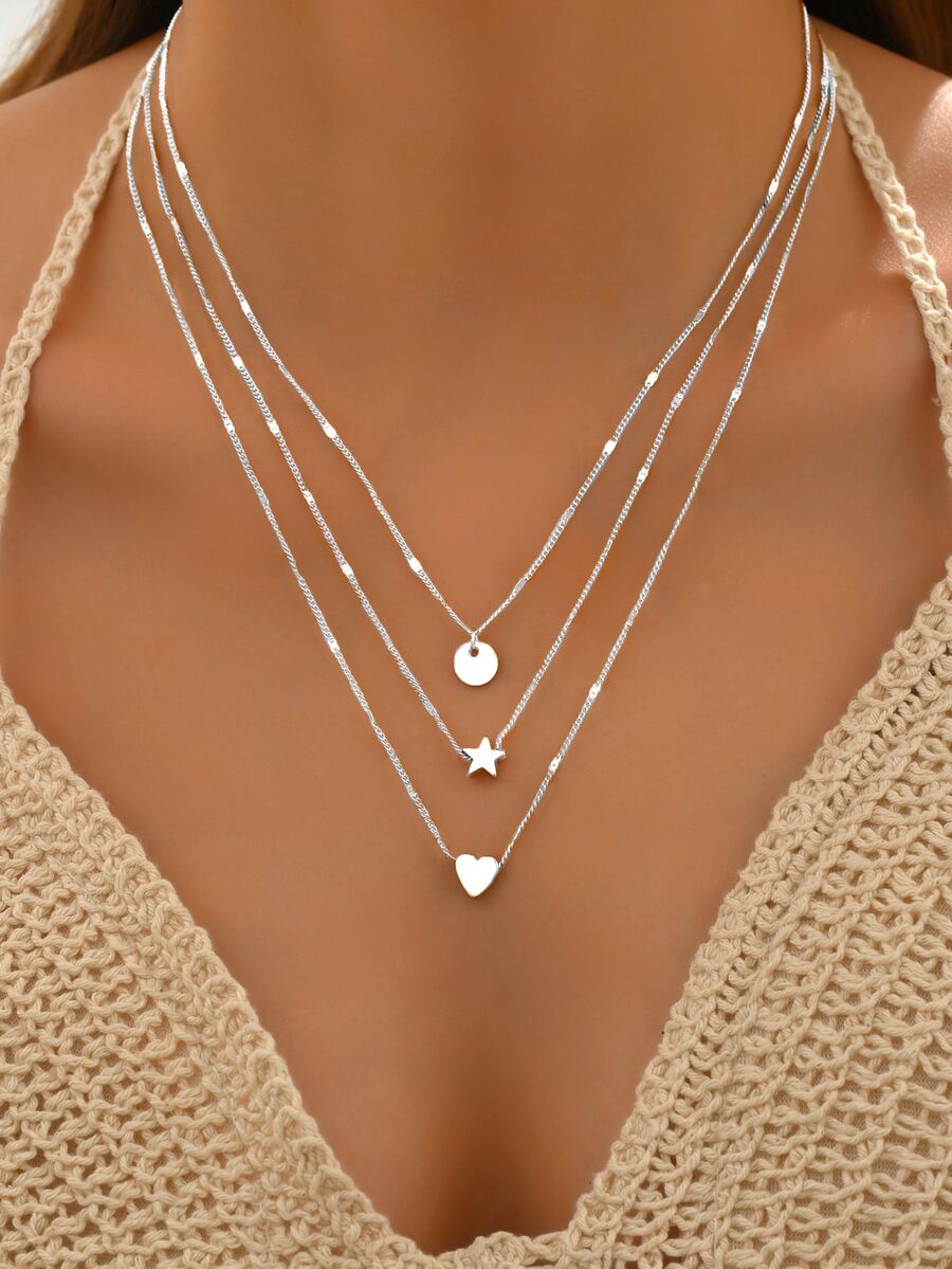 3件套简约百搭星形、心形和圆形吊坠项链，适合女士 - 白K - 查看 1