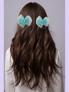 2 moños en color rojo y colores de arcoiris, con detalle de flor de listón, tul diamantado, en medidas de 12x11 cm, para niñas, adolescente, dama, para fiestas, eventos, día del niño, boda, graduación, para llevar en bolsillo, que le da un toque de feminidad a tu estilo y peinado - Azul menta - Ver 6