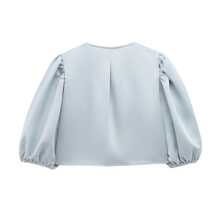 Blusa de mujer con manga linterna y correa de lazo trenzada, ideal para uso diario - Azul claro - Ver 3