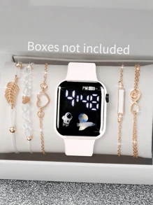 6 Pcs Cute Elegant Ladies Digital Watch Square Simple Digital Watch Best Bracelet Set Ladies Jewelry Set