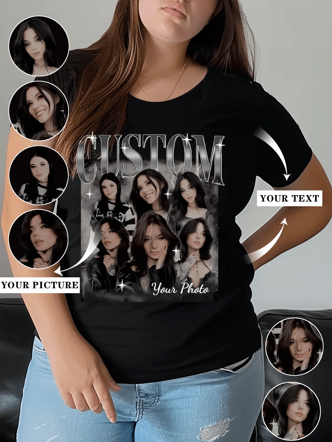 Customized Personalized Women Plus Size T-Shirt - Add Your Own Images (Selfie/Family Photo/Pet Photo/Friend Photo/Party/Team/ Boyfriend/Girlfriend/Pet/Couple Matching/ Workwear) And Your Text To Design Your Personalized Printed T-Shirt