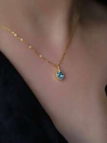 Colar banhado a ouro 14K em prata esterlina S925, pingente elegante de coração com zircônia cúbica em tom água-marinha, design minimalista e elegante, ótimo presente para mãe ou amigas