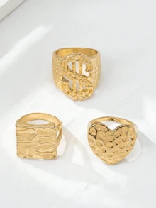 Exaggerated Luxurious Dollar Sign Heart Square Hammered Women's Ring Set - 3 Rings - View 4