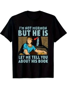 1pc Book Of Mormon Missionary Graphic Tee, 100% Cotton Crew Neck T-Shirt With "I'm Not A Mormon But He Is" Print, Casual Street Style Short Sleeve Top For Adults, All-Season Knit Fabric Pullover - Heat Transfer Design - Black - View 1