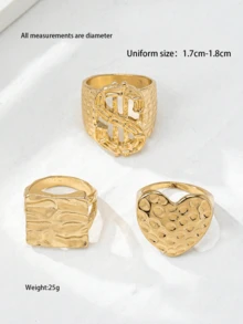 Exaggerated Luxurious Dollar Sign Heart Square Hammered Women's Ring Set - 3 Rings - View 6