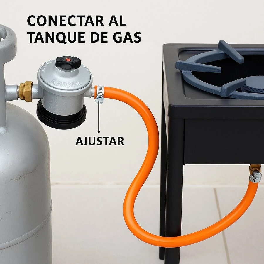 Kit de Regulador de Gas Licuado para Uso Doméstico|Incluye Manguera Naranja de 1.5m Resistente a la Presión + Doble Abrazadera|Salida de Presión Estable|Compatible con Estufas, Calentadores y Calefactores|Instalación Fácil, Segura y Duradera - Naranja - Ver 1