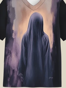 Men's Vintage White Smoky Mysterious Figure Shadow Graphic Print Short Sleeve T-Shirt, Summer Street Style