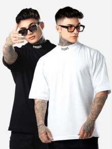DMUNIZ Oversized Streetwear Turtleneck T-Shirts With Glorious Print On The Collar - Black/White - View 1